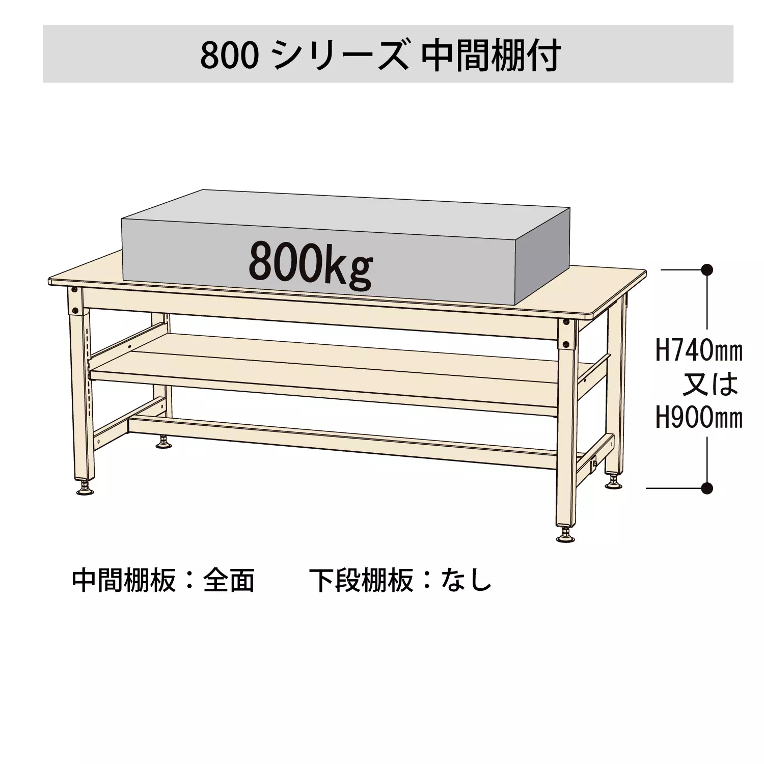 800シリーズ 固定式 中間棚付 H900mm（上段全面棚板）